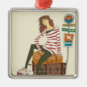 Ornement En Métal Portrait de jeune femme se reposant sur la valise