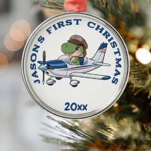 Ornement En Métal Premier avion de Noël et pilote de dinosaure perso