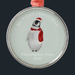 Ornement En Métal Premier Noël Bleu Bébé Garçon Pingouin Neige<br><div class="desc">Illustration d'un pingouin portant un chapeau santa et un foulard assorti entouré de flocons de neige avec un arrière - plan bleu. Le texte dit,  "Mon premier Noël." Personnalisez le nom et l'année.</div>