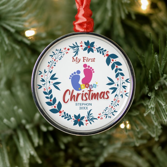 Ornement En Métal Premier Noël de bébé élégant avec nom (Arbre)