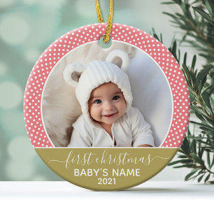 Ornement En Métal Premier Noël de Bébé - Points Polka Rose Doré