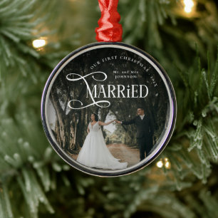 Ornement En Métal Premier Noël de mariage photo de couple M. et Mme