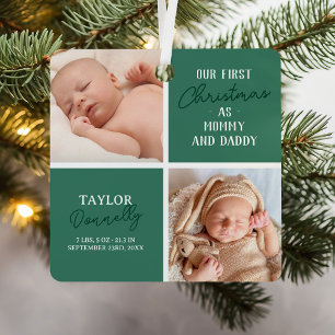 Ornement En Métal Premier Noël en tant que Maman Papa Photo Verte