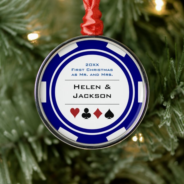 Ornement En Métal Premier Noël Mr & Mrs Blue White Poker Chip (Arbre)