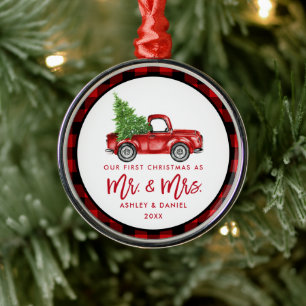 Ornement En Métal Premier plaid de Noël de brosse de camion rouge d