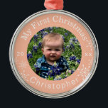 Ornement En Métal Premier Snowflakes de Noël du bébé Blush Custom<br><div class="desc">Gardien de cadeaux pour la famille en particulier les nouveaux parents fiers - ce design moderne comprend la photo et le nom du bébé. Facile à customiser en utilisant les champs modèles fournis.</div>