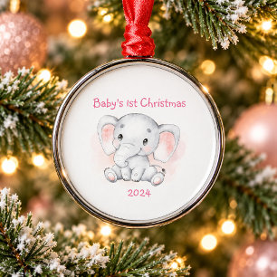 Ornement En Métal Première Noël de bébé Éléphant Rose Douce Memento