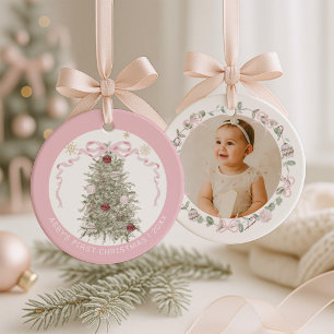 Ornement En Métal Première photo de Noël de bébé fille rose