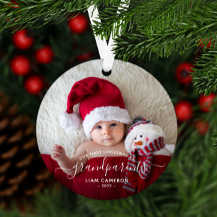 Ornement En Métal Premiers Noël des Grands-Parents Photo Écriture Bl
