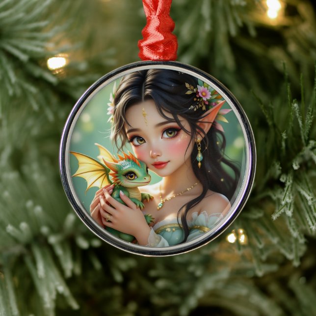 Ornement En Métal Pretty Elven Fairy & Dragon Ethereal Christmas (Arbre)