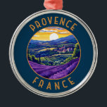 Ornement En Métal Provence France Lavande Retro Cercle désorganisé<br><div class="desc">Design de voyage vectoriel rétro de Provence. La Provence est une région historique et culturelle du sud-est de la France. Connu pour ses paysages variés,  des Alpes du Sud aux plaines de Camargue en passant par les vignobles vallonnés,  les oliveraies,  les pinèdes et les champs de lavande.</div>