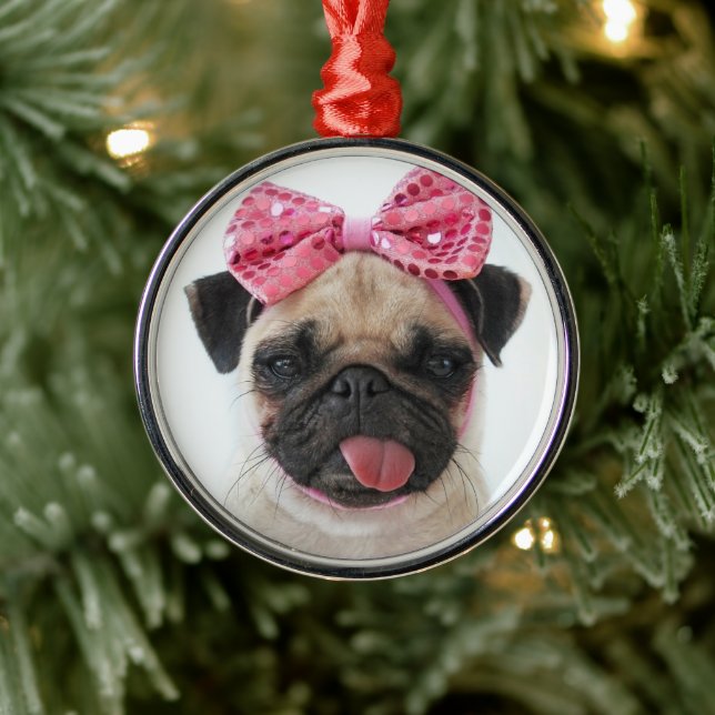 Ornement En Métal Pug with Pink Bow (Arbre)