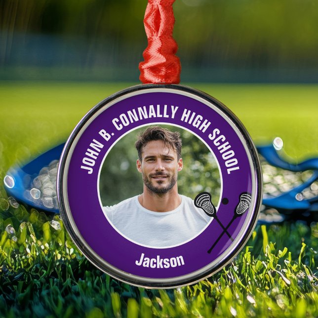 Ornement En Métal Purple Lacrosse Player Photo High School Christmas (Créateur téléchargé)