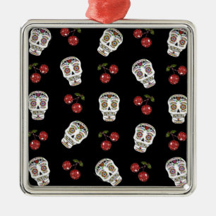 Ornement En Métal RAB Rockabilly Sugar Skulls Cerises Sur Fond Noir
