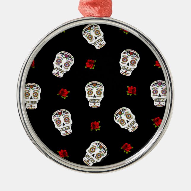 Ornement En Métal RAB Rockabilly Sugar Skulls Roses On Black (Devant)