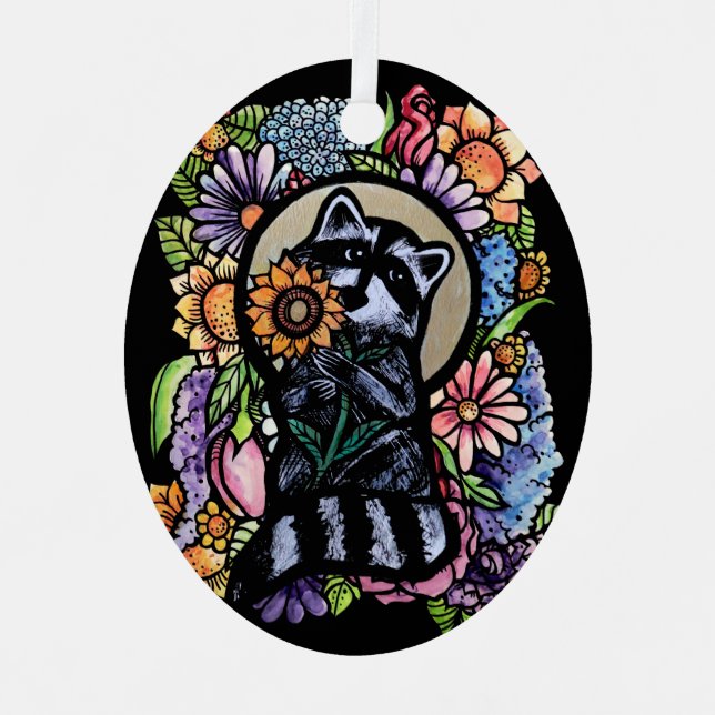 Ornement En Métal Raccoon Art Flower Raccoons Design avec tournesol (Recto)