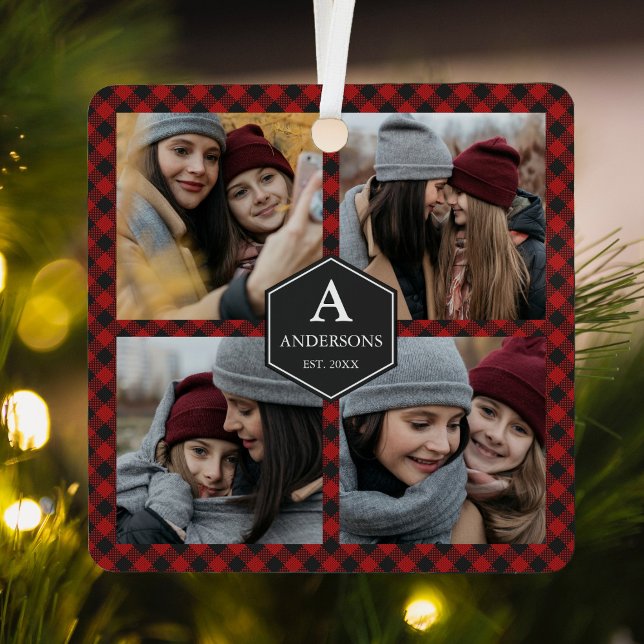 Ornement En Métal Red Buffalo Plaid Lumberjack Family Photo Collage (Créateur téléchargé)