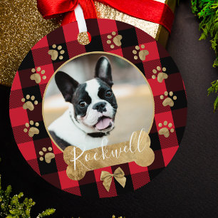 Ornement En Métal Red Buffalo Plaid Motif Gold Bow Family Photo
