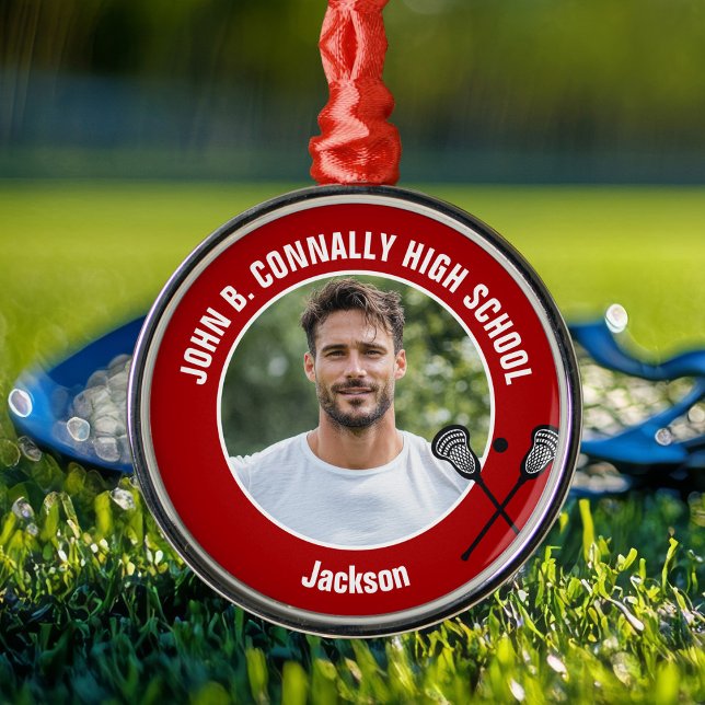 Ornement En Métal Red Lacrosse Player Photo High School Christmas (Créateur téléchargé)