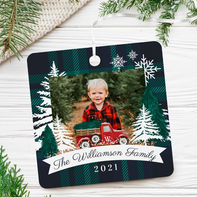 Ornement En Métal Red Truck Christmas Tree Delivery Navy Plaid Photo (Red Truck Christmas Tree Delivery Navy Plaid Photo Metal Ornament)