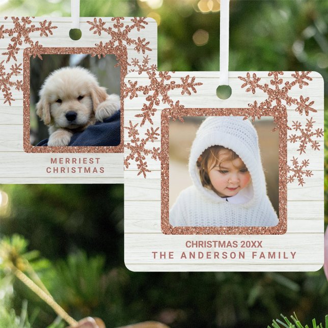 Ornement En Métal Rose Gold Snowflake 2 Photo Chic double face (Créateur téléchargé)