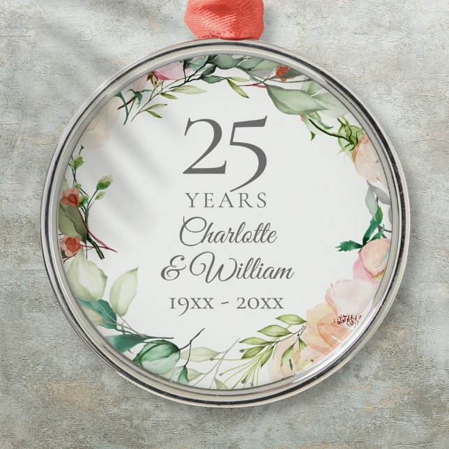 Ornement En Métal Roses de 25e anniversaire de mariage Guirlande flo (25th Wedding Anniversary Roses Floral Garland Metal Ornament)