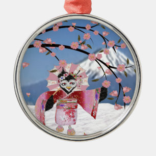 Ornement En Métal Sakura Geisha Oiseau dans les Cerisiers en Fleur s