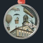 Ornement En Métal Science Fiction vintage, Victorian Steam Punk City<br><div class="desc">Illustration vintage image futuriste de science-fiction de voyage et de transport montrant des gens voyageant par des dirigeables,  des blimps,  des montgolfières,  un train inversé et une automobile convertible antique dans une métropole urbaine rétro-punk à vapeur victorienne.</div>