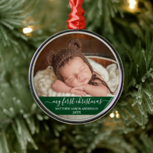 Ornement En Métal Script élégant Mon premier bébé vert de Noël