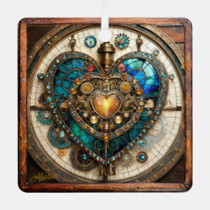 Ornement En Métal Série Steampunk Cœur en Verre Teinté Doré