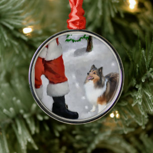 Ornement En Métal Shetland Sheepdog Avec Noël Père Noël
