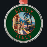 Ornement En Métal Sicile Italie Retro Cercle désorganisé<br><div class="desc">Conception de déplacement vectoriel rétro en Sicile. La Sicile,  la plus grande île méditerranéenne,  se trouve juste à côté du "pied" de la "botte" italienne. Sa riche histoire se reflète dans des sites comme la Vallée des Temples.</div>