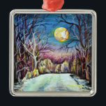 Ornement En Métal Silent Night Winter<br><div class="desc">Silent Night Winter Pleine lune en Suède est une peinture acrylique créée en 2017 sur toile. Le paysage représente une imagerie pittoresque des nuits rustiques, froides et bohèmes en Suède, Scandinavie. Le tableau représente une pleine lune au-dessus d'une mystérieuse forêt colorée. Le design peut s'adapter à des décorations rustiques, bohèmes...</div>