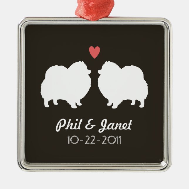 Ornement En Métal Silhouettes blanches de Pomeranian avec le coeur (Devant)