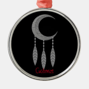 Ornement En Métal Silver Crescent Moon Feathers Thunder_Cove