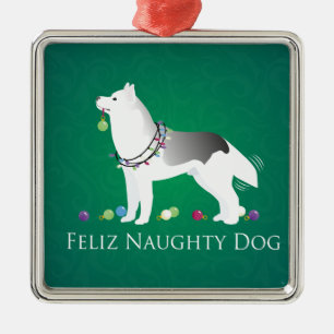 Ornement En Métal Silver Siberian Husky Feliz Naughty Dog Christmas