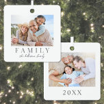 Ornement En Métal Simple Photo de famille Double face Noël<br><div class="desc">Cet ornement de Noël carré d'inspiration boho simple et élégant est une belle façon de célébrer la famille pendant les vacances. Le design offre de l'espace pour une photo à l'avant et une photo à l'arrière, ce qui en fait un gardien à double face pour présenter vos souvenirs préférés. "Famille"...</div>