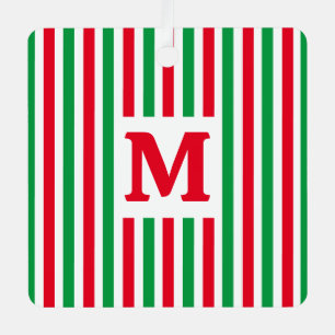 Ornement En Métal Simple Rayé Rouge et Vert Noël Initial