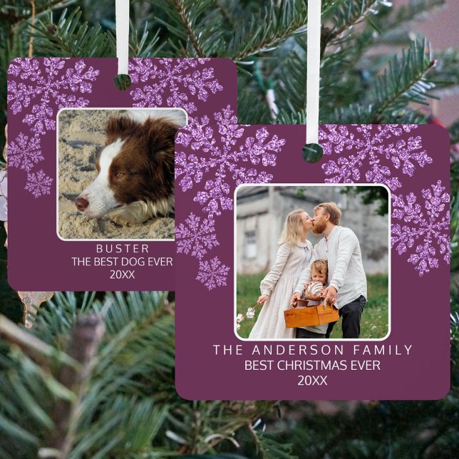 Ornement En Métal Snowflake Plum Bling Élégant 2 Photo Noël (Add one photo to the front and a different pic to the back. Text can be different front and back too)