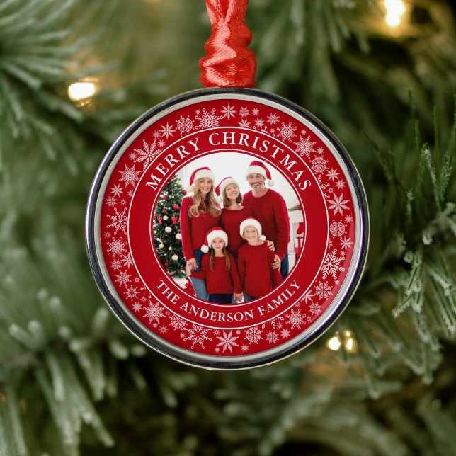 Ornement En Métal Snowflakes moderne Photo Joyeux Noël Rouge (Arbre)