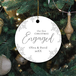 Ornement En Métal Snowflakes Our First Christmas Engaged Script Meta