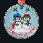 Ornement en métal Snowman<br><div class="desc">Personnalisez cet unique ornement de Noël Snowman "One Of A Kind" ! Il Comprend M. & Mme Frosty Le Snowman se promène dans un "pays des merveilles hivernales enneigé" ! Peinture d'art original par l'artiste Kerry Miller.</div>