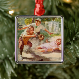 Ornement En Métal Sports Vintage, Enfants Jouent au Baseball avec un