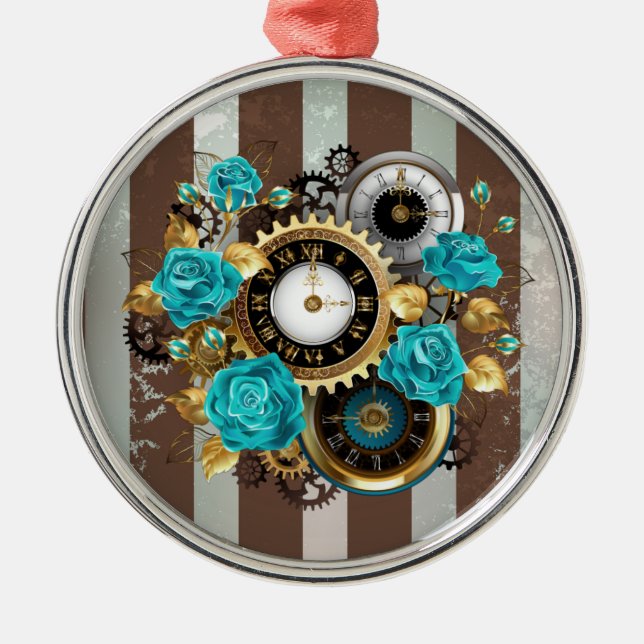 Ornement En Métal Steampunk Clock and Turquoise Roses on Striped (Devant)