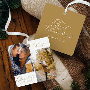 Ornement En Métal Style moderne Couple First Christmas Script Photo