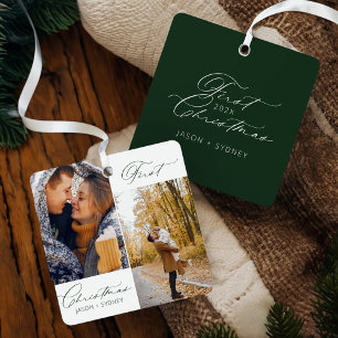 Ornement En Métal Style moderne Couple First Christmas Script Photo