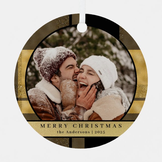 Ornement En Métal Style moderne Gold Plaid Christmas Couple Photo (Recto)