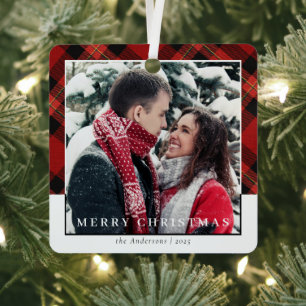 Ornement En Métal Style moderne Rouge Plaid Photo Couple de Noël