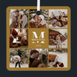 Ornement En Métal Stylis Simple Couple Photo Collage | Cadeau Monogr<br><div class="desc">Cet Ornement personnalisé de famille moderne de moutarde Golden Brown 8 Photo Collage est la façon idéale de transformer vos photos de famille préférées en un souvenir mignon et tendance. Avec un design simple, moderne et élégant Monogram, il est entièrement personnalisable pour s'adapter à votre style. Idéal pour faire un...</div>