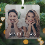 Ornement En Métal Stylish Christmas | Minimal Fun Couple Photo<br><div class="desc">A stylish modern photo holiday ornament with your surname featured in classic typography paired with a handwritten script font in white over your full size photograph. Your special photo will look gorgeous in this unique, modern and minimal design. A fun, minimal design to stand out from the crowd this christmas...</div>